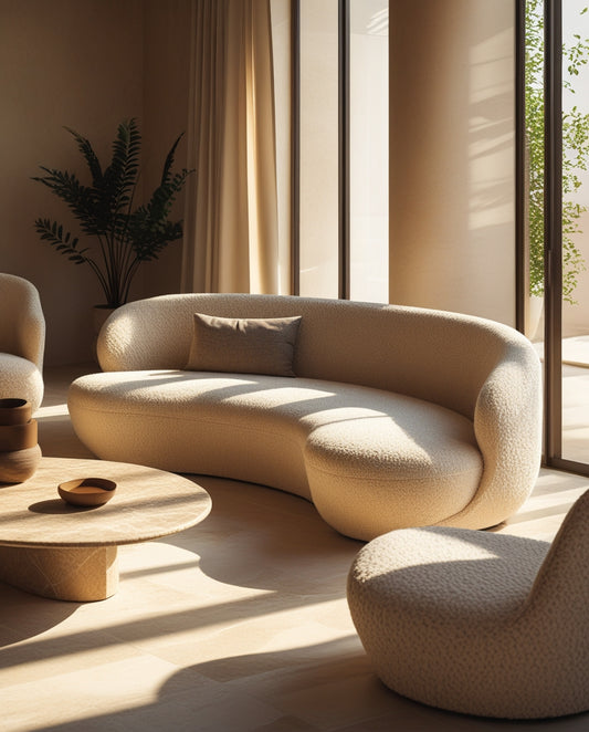Custom curved sofa — ivory bouclé upholstery made to order in Dubai