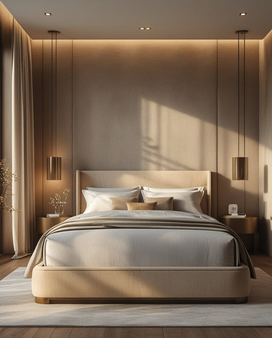 Modern bedroom with a beige bed and matching headboard Dubai