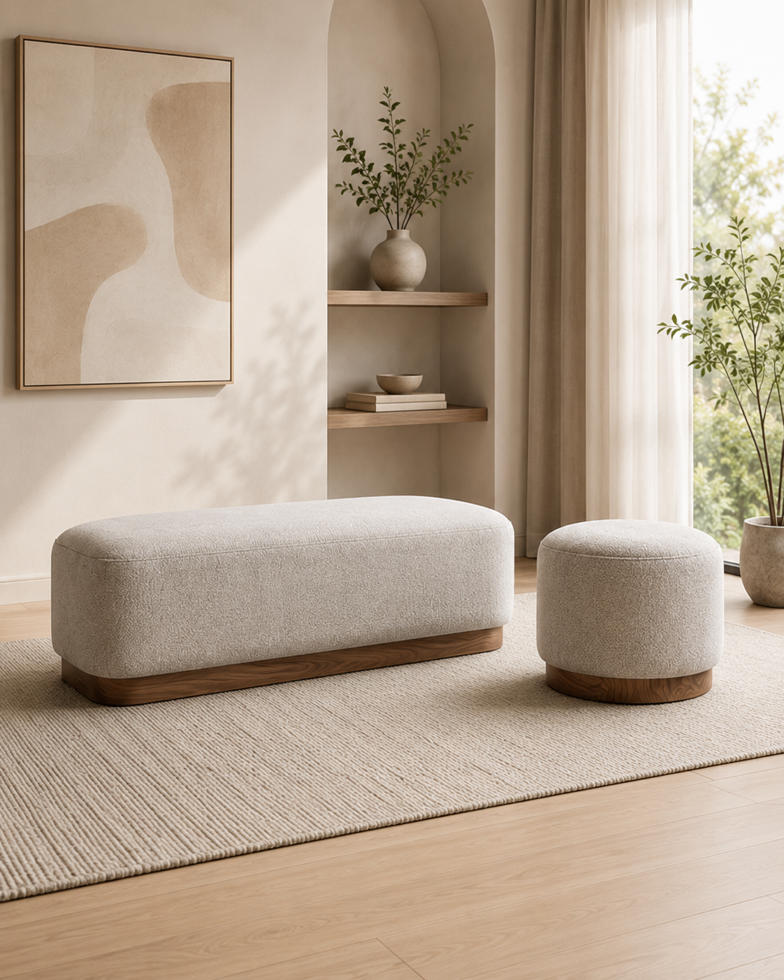 Modern interior bench with a pouf, small table Dubai