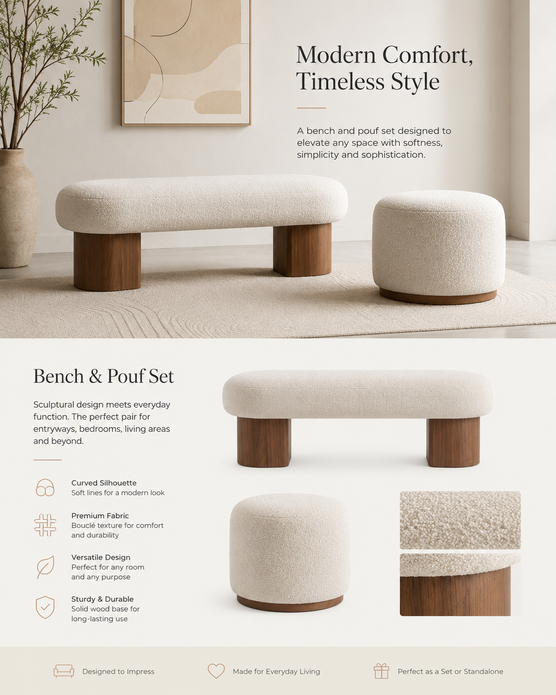 Bench and pouf set with wooden legs in a modern interior Dubai