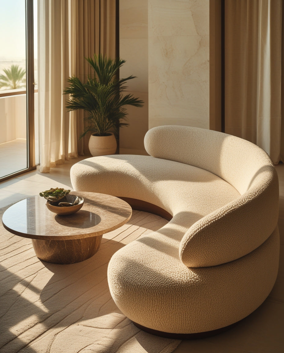 Custom curved sofa Dubai — ivory bouclé upholstery made to order