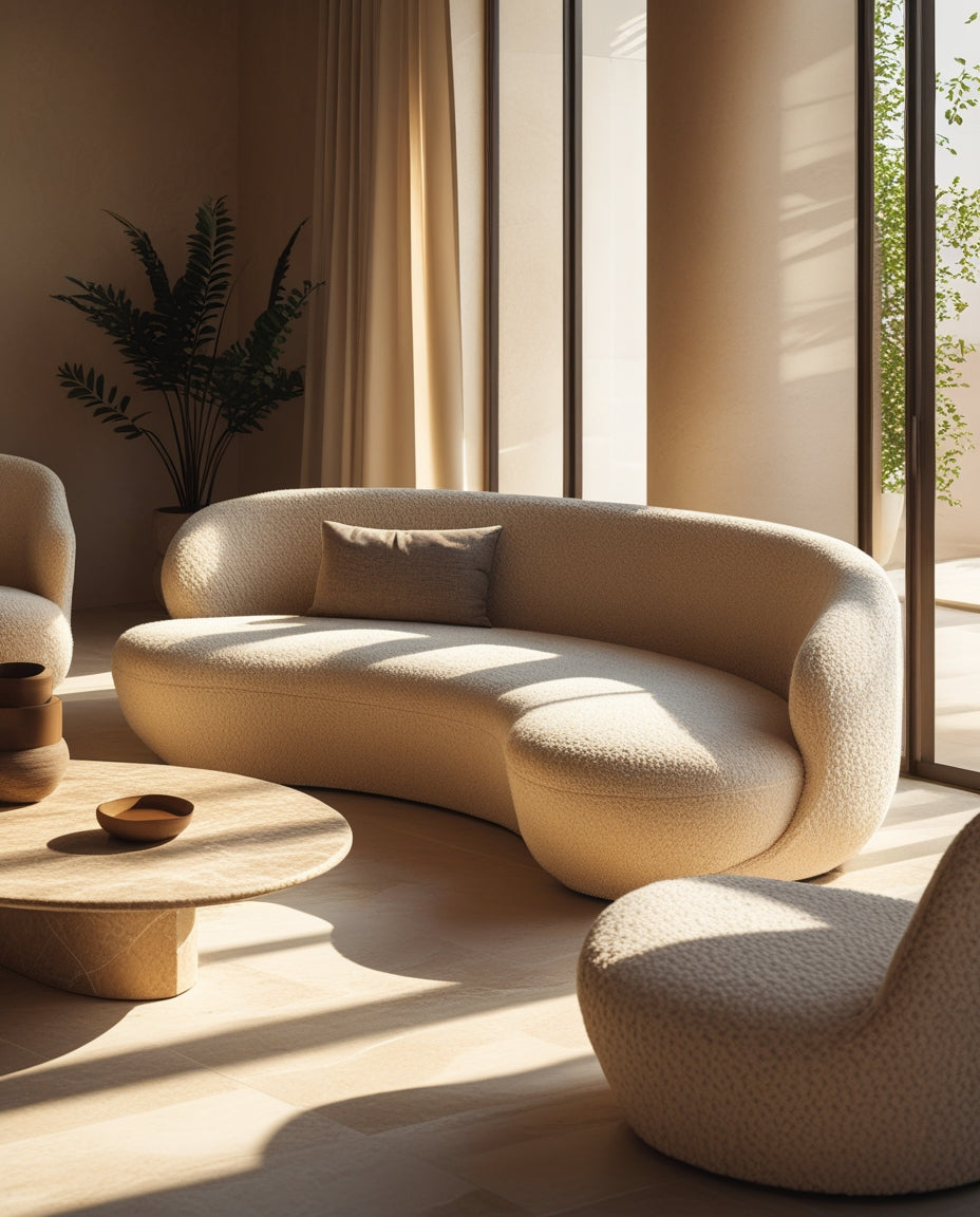 Custom curved sofa — ivory bouclé upholstery made to order in Dubai