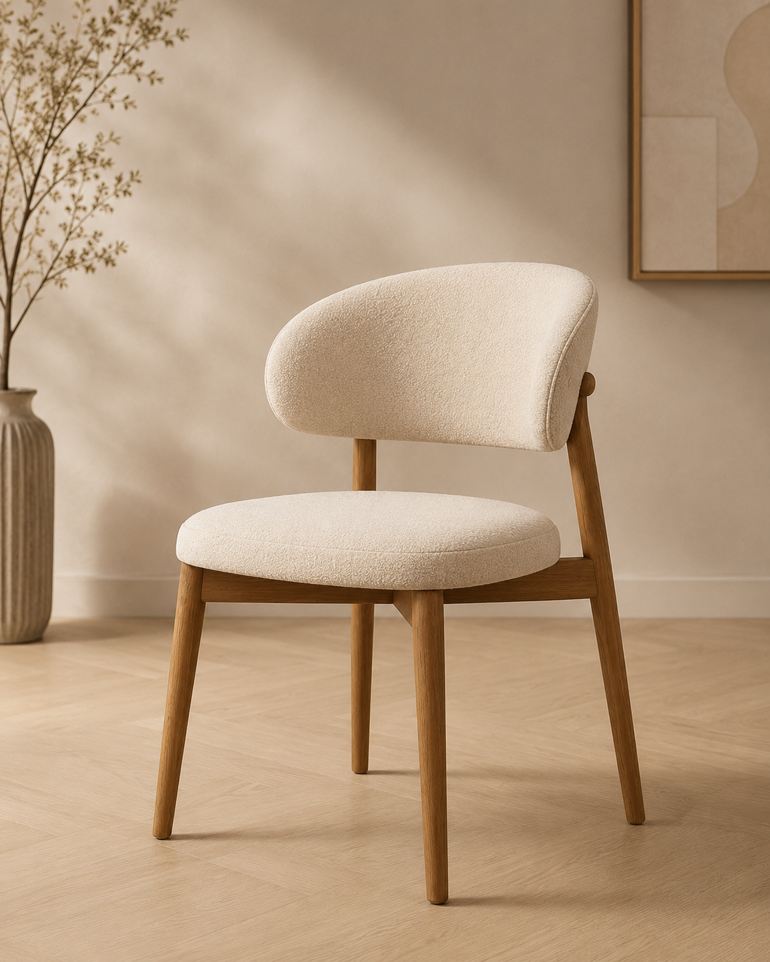 Custom upholstered dining chairs Dubai — bouclé fabric