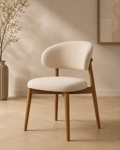 Custom upholstered dining chairs Dubai — bouclé fabric