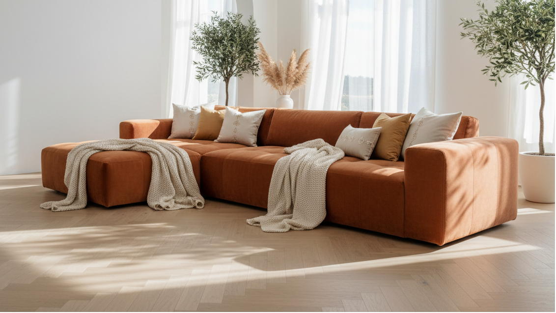 Orange sectional sofa in a bright living room in Dubai