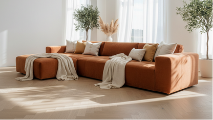 Orange sectional sofa in a bright living room in Dubai