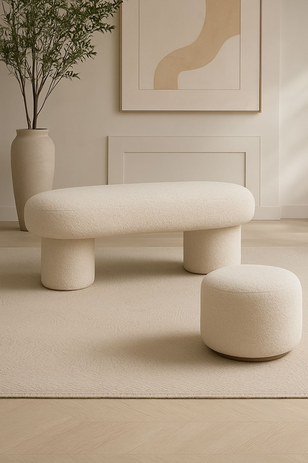 Buckle bench and pouf in a minimalistic room in Dubai
