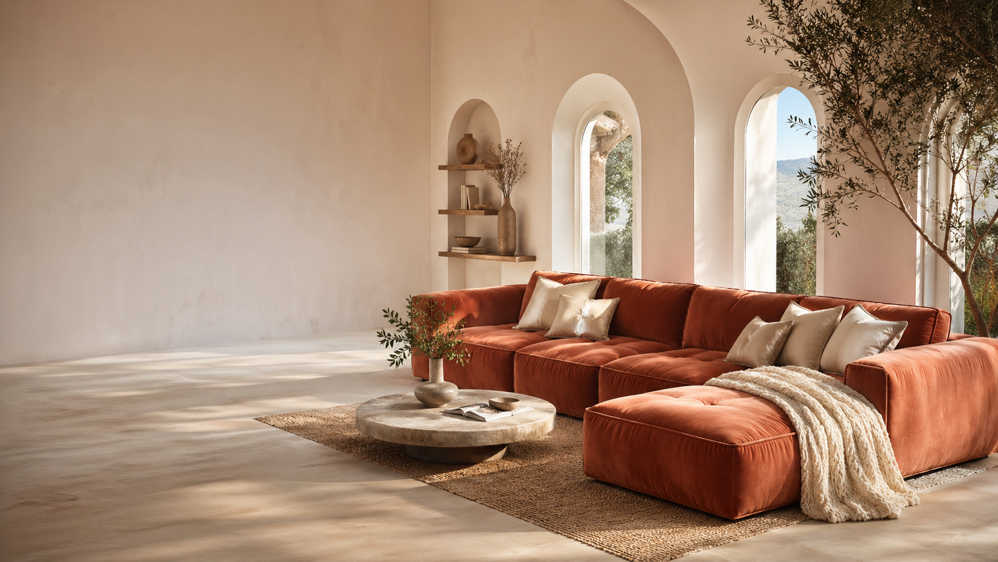 Modern living room with a large orange sectional sofa, coffee table, Dubai