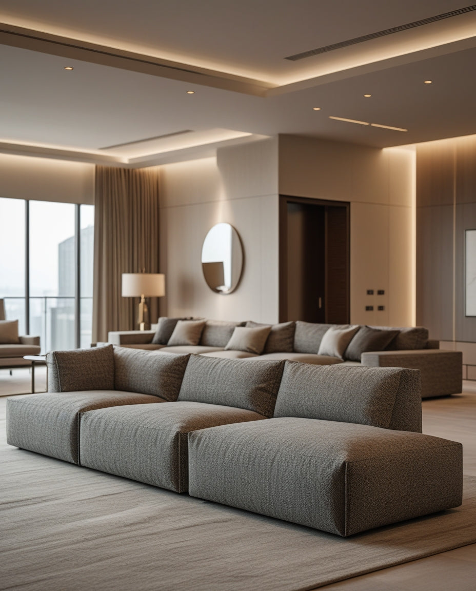 Modern Dubai apartment with a large gray sectional sofa