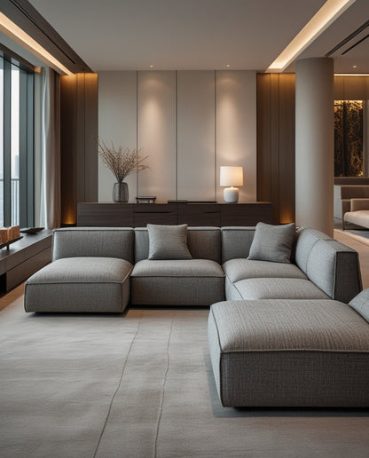 Modern living room Dubai with a gray sectional sofa and decorative elements.