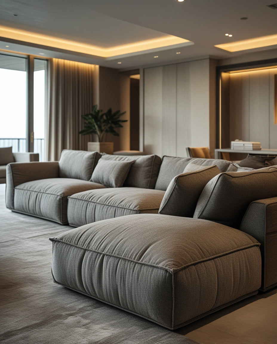 Modern living room with a large gray sofa Dubai