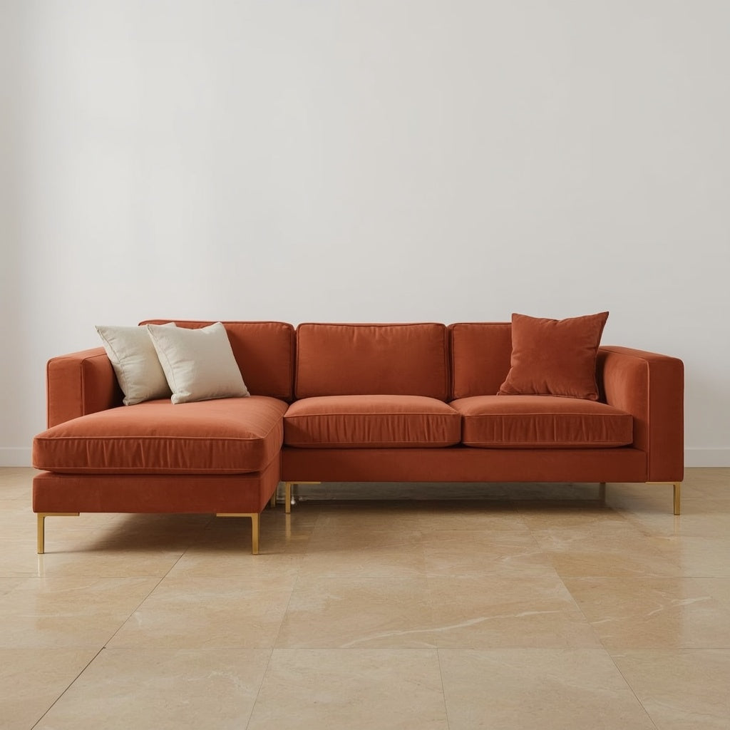 Terracotta velvet sectional sofa with cushions Dubai